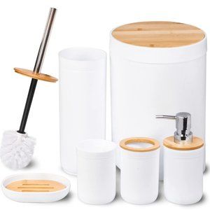 Bathroom Accessories Set 6 Piece Bamboo (NEW) (WHITE)